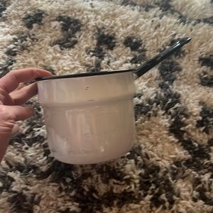 Vintage VTG Enamelware pot. Used for decoration. White/blue. Worn on bottom.